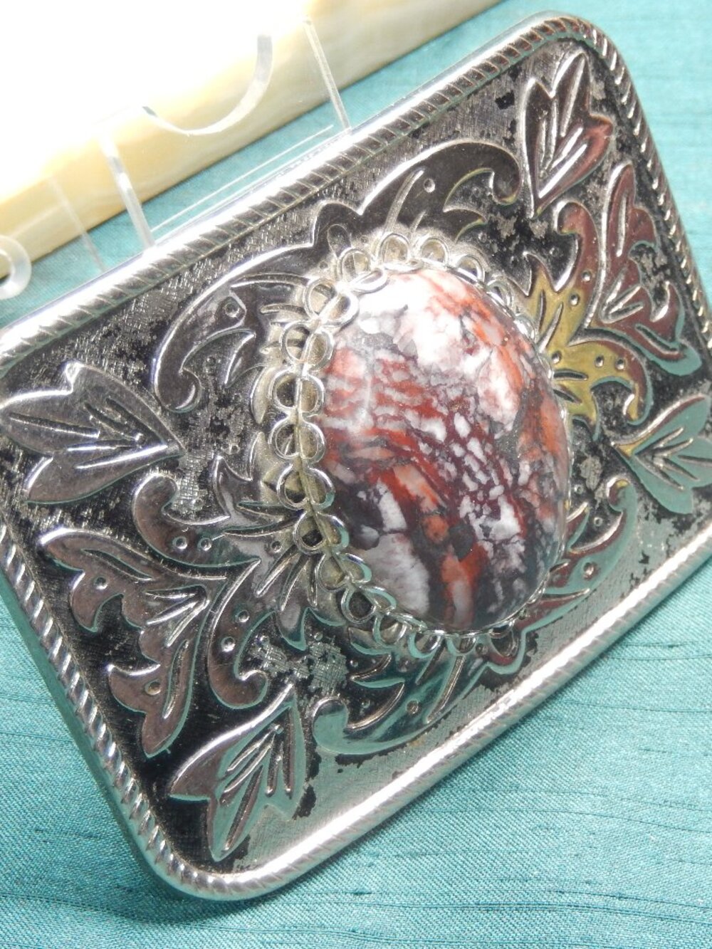 Vintage Western Belt Buckle Red Brecciated Jasper Stone Silver Tone